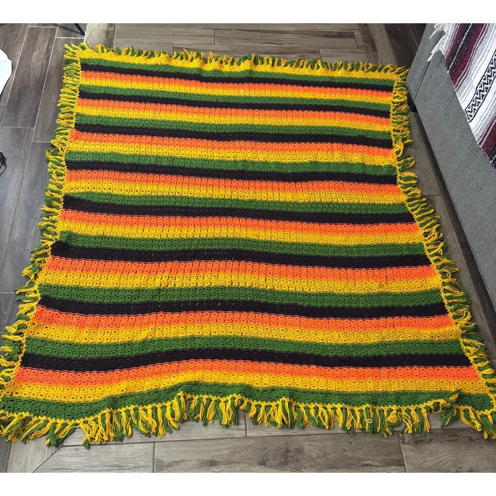 VTG Retro Crocheted Afghan‎ Blanket 80"x67" Cottage Core Granny Orange Yellow